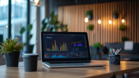 High-resolution image of a business graph with colorful lines and markers, displayed on a laptop screen in a modern office setting with minimal distractionsの素材