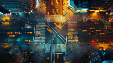 High-angle shot of a city intersection with illuminated crosswalks and traffic signals, showing the organized chaos of urban life after dark.の素材