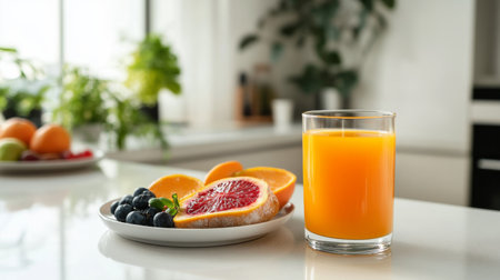 Healthy breakfast setup featuring a glass of freshly squeezed orange juice alongside a plate of toast and fruit, with a white kitchen counter backdrop.の素材