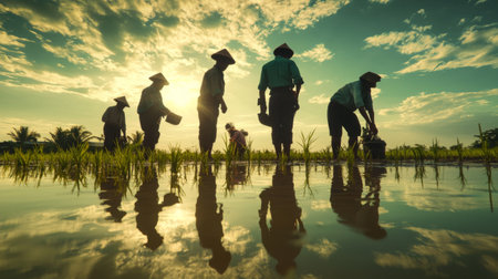 Group of farmers planting rice seedlings in a flooded field, with their reflections mirrored in the water. The scene captures the essence of traditional agriculture.の素材
