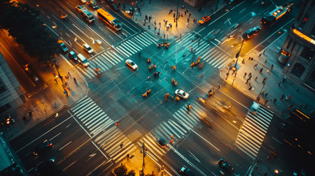 High-angle shot of a city intersection with illuminated crosswalks and traffic signals, showing the organized chaos of urban life after dark.の素材