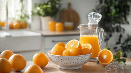 A kitchen scene with a bowl of fresh oranges, a citrus juicer, and a pitcher of freshly squeezed orange juice ready to be served.の素材