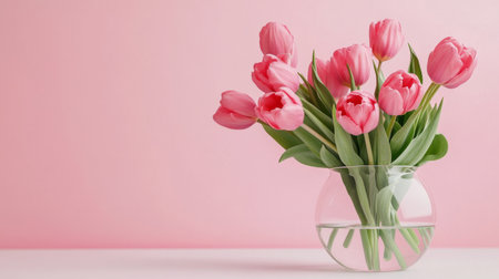 Beautiful pink tulips in a clear vase, placed on a white table against a light pink backdrop, showcasing the fresh and vibrant colors of the flowers.の素材
