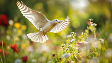 Bird flying close to the ground with a backdrop of lush grass or flowers, highlighting its graceful movement and the details of its feathers.の素材
