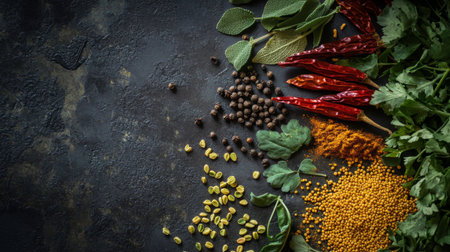 Close-up of fresh and dried Indian herbs and spices like fenugreek leaves, mustard seeds, and dried chilies, arranged artfully on a dark surface.の素材