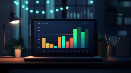 Animated bar chart on a laptop screen with dynamic changes in bar heights and colors, illustrating real-time data analysis in a modern workspaceの素材