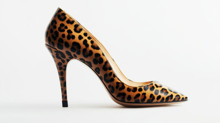 Chic leopard print high heels with a pointed toe and slender heel, showcased on a clean white background for a fashionable and bold look.の素材