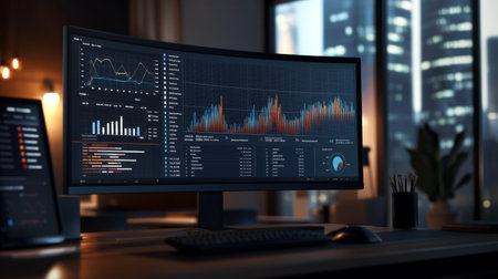 Business graph with rising trends and key performance indicators, displayed on a high-resolution monitor in an office environment with a sleek, professional look.の素材