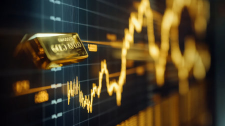 Close-up of a gold price chart on a computer screen, displaying fluctuating lines and bars with a focus on the gold trend in a modern office setting.の素材