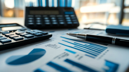 Close-up of financial documents with charts, graphs, and financial statements on a desk, surrounded by a calculator and a pen for a business finance setting.の素材
