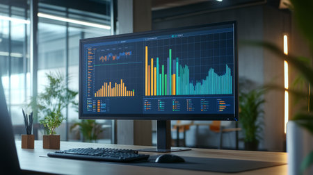Bar chart on a large monitor in a high-tech office setting, with colorful bars representing various metrics and a focus on data analysis.の素材