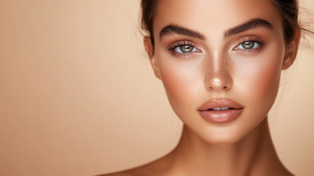 Elegant woman with expertly applied makeup, including smoky eyes and contouring, posing confidently in a stylish setting with a neutral background.の素材