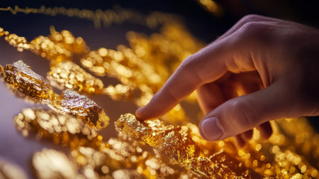 Close-up of a hand pointing at a gold price chart on a monitor, with a focus on the graphical representation of gold market trends.の素材