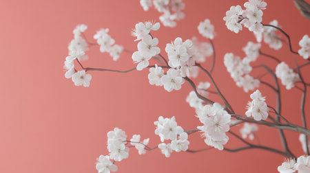 Cherry blossom branches in a close-up view with a soft pink background, emphasizing the delicate beauty of the flowers in a minimalist setting.の素材