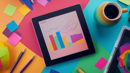 Creative workspace with a graph on a tablet screen showing marketing trends, surrounded by colorful sticky notes, pens, and a cup of coffeeの素材