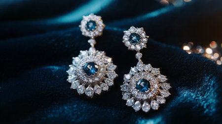Close-up of exquisite diamond earrings sparkling under soft light, showcasing their intricate design and brilliance against a dark velvet background.の素材