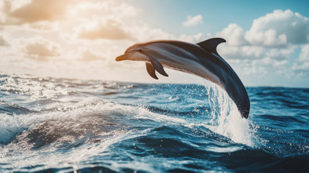Dynamic shot of a playful dolphin leaping out of the water, creating splashes and displaying its agility in a bright, sunny ocean setting.の素材