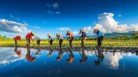 Group of farmers planting rice seedlings in a flooded field, with their reflections mirrored in the water. The scene captures the essence of traditional agriculture.の素材
