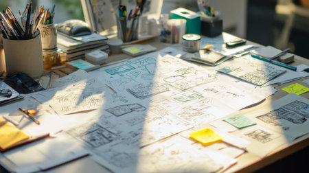 Creative workspace with sketches, post-it notes, and mind maps scattered across a desk, capturing the process of developing and refining ideas.の素材