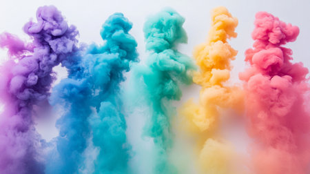 Flat lay of colored smoke rising from multiple smoke bombs set up in a pattern, creating a vibrant and colorful display on a white background.の素材
