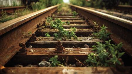Close-up of rusty railway tracks and wooden sleepers, with weeds and small plants growing between the rails, set against a backdrop of a rural setting.の素材