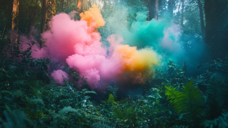 Creative image of colored smoke drifting through a forest, with vibrant colors contrasting against the green foliage and creating an enchanting scene.の素材