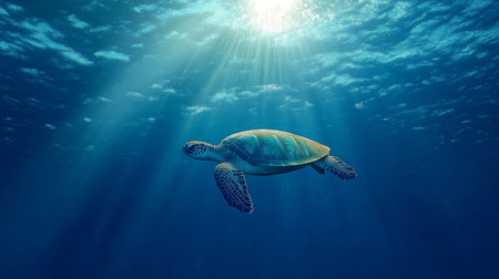 High-resolution image of a majestic sea turtle gliding through clear blue water, with sunlight filtering through and creating a serene, underwater scene.の素材