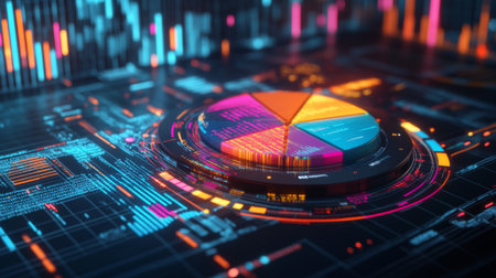 High-resolution image of a rotating 3D pie chart with colorful segments and interactive data points, displayed on a digital interface.の素材