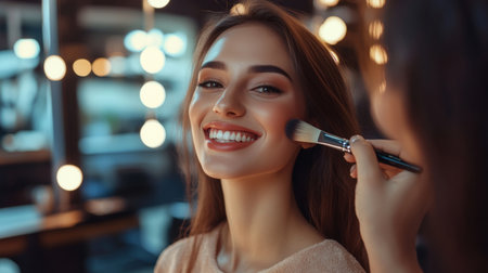 Professional makeup artist applying makeup to a smiling woman in a salon, with the focus on the application process and the subject stunning makeup.の素材