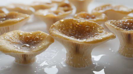 Mushroom caps with water droplets, arranged on a white surface to give a fresh, just-harvested look with subtle reflections and highlights.の素材