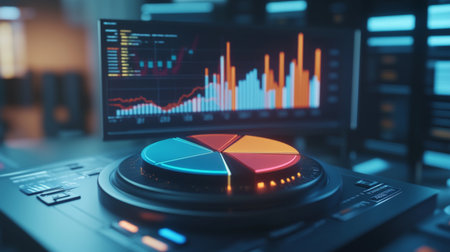 Interactive 3D pie chart with animated segments and real-time data updates, displayed on a high-resolution computer screen in a tech-savvy environment.の素材