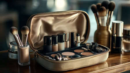 High-resolution image of an open makeup bag with various cosmetics and brushes, showcasing the variety of products typically carried for beauty routines.の素材