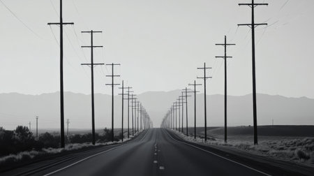Long stretch of electric poles along a highway, with the poles disappearing into the horizon. The sky is clear, and the road is lined with trees.の素材