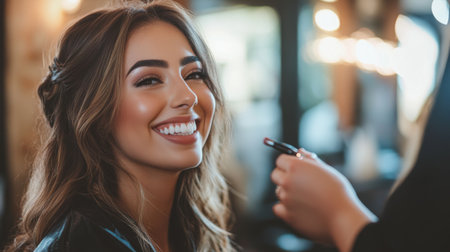 Professional makeup artist applying makeup to a smiling woman in a salon, with the focus on the application process and the subject stunning makeup.の素材