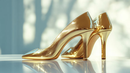 Pair of trendy metallic gold high heels with a block heel, placed on a white surface, reflecting light and adding a touch of glamour to the scene.の素材