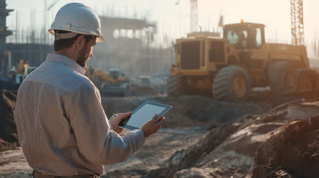 Male engineer in a white helmet, surveying a construction site with a tablet in hand, while heavy machinery operates in the background.の素材