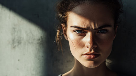 High-resolution shot of a woman with a serious expression, looking directly at the camera with a powerful gaze, emphasizing strength and determination.の素材