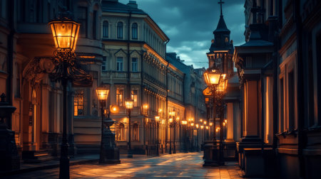 Panoramic view of a city street with elegant street lamps and historic buildings, illuminated in warm light, creating a charming nighttime atmosphere.の素材