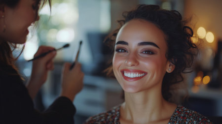 Professional makeup artist applying makeup to a smiling woman in a salon, with the focus on the application process and the subject stunning makeup.の素材