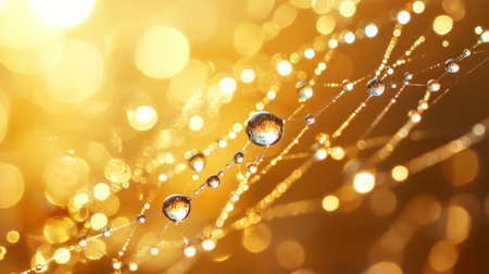 Macro shot of water droplets on a spider web, with each droplet sparkling in the morning sunlight, creating a delicate and intricate pattern.の素材