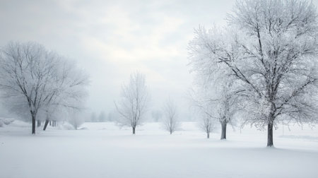 Pure white winter landscape with snow-covered trees and a calm, serene sky, capturing the beauty of a tranquil, snow-filled environment.の素材