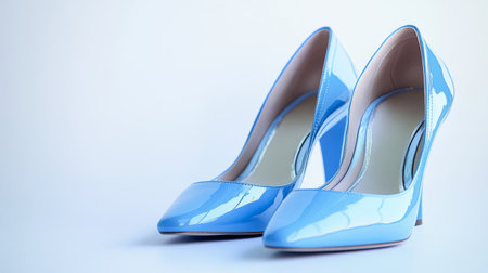 Pair of elegant blue high heels with a peep-toe design, set on a white background, showcasing their stylish and unique features in a clean and modern setting.の素材