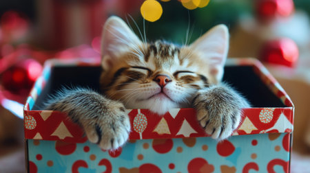 Playful kitten dozing off inside a colorful gift box, with its paws hanging over the edge, creating a charming and festive image.の素材