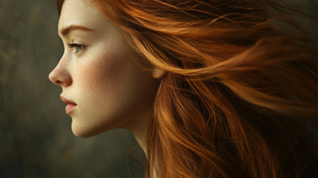 Side profile of a woman with long, flowing hair, looking contemplative and elegant, with soft lighting highlighting the contours of her face.の素材