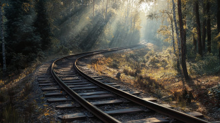 Rusty railway tracks curving through a forested area, with sunlight filtering through the trees and casting dappled shadows on the tracks.の素材