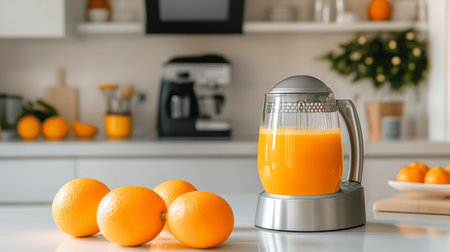 Jug of freshly squeezed orange juice with a few whole oranges and a citrus juicer beside it, set on a white kitchen counter for a homey feel.の素材