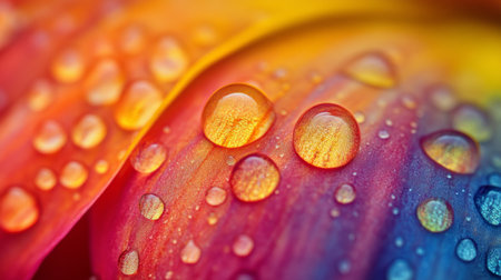 Macro shot of water droplets on a vibrant flower petal, with the colors of the petal reflecting through the droplets, creating a vivid and detailed image.の素材