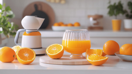 Jug of freshly squeezed orange juice with a few whole oranges and a citrus juicer beside it, set on a white kitchen counter for a homey feel.の素材