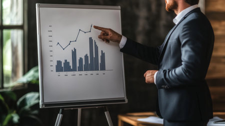 A businessman pointing at a whiteboard with a growing bar graph during a presentation. The graph shows a significant upward trend.の素材