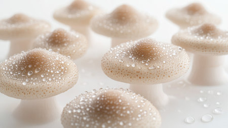 Mushroom caps with water droplets, arranged on a white surface to give a fresh, just-harvested look with subtle reflections and highlights.の素材